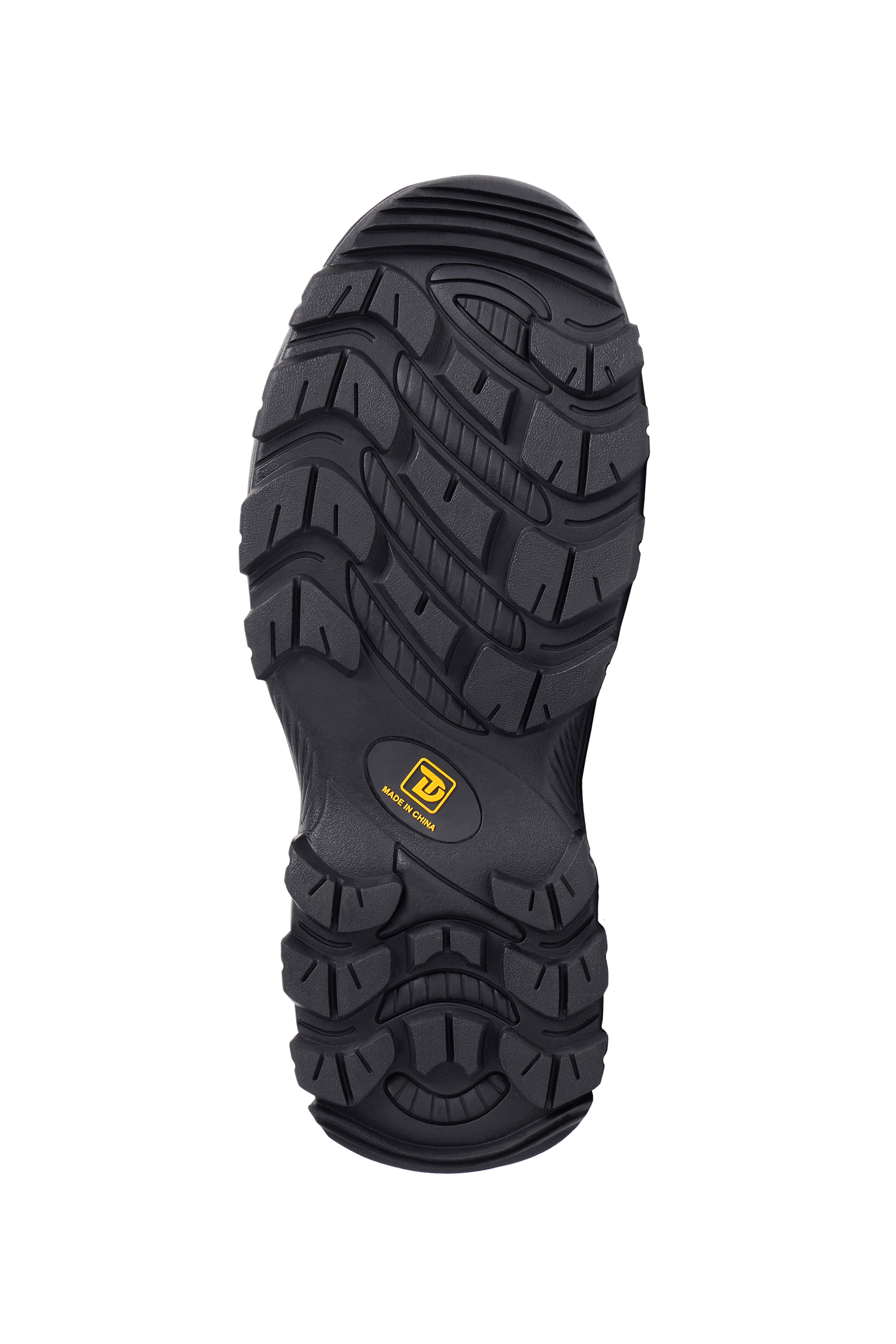 alt="Close-up of the outsole of Trudave WildGuard Series men’s tall waterproof camo hunting boots in Reed Grass color showing rugged tread pattern, slip-resistant rubber sole, and reinforced waterproof construction designed for traction and durability in outdoor hunting terrain"